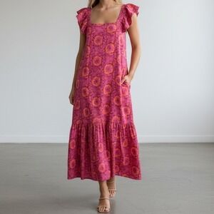 House of Harlow 1960 Jackie Floral Tiered‎ Midi Dress Pink w/ Pockets size Small